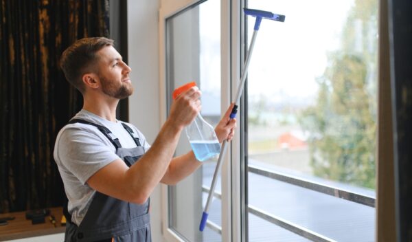 Male,Professional,Cleaning,Service,Worker,In,Overalls,Cleans,The,Windows